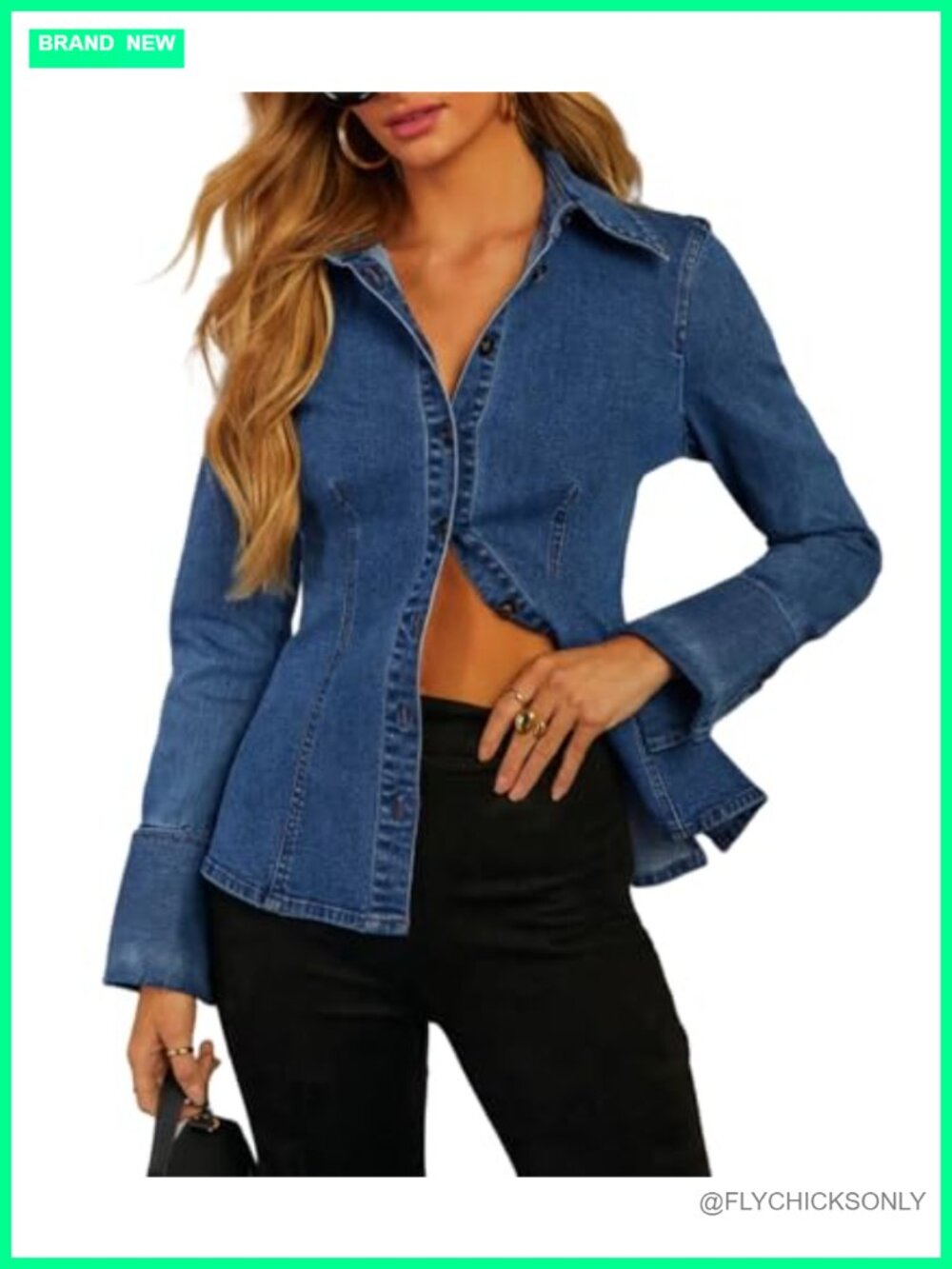 Women's Button Down Denim Shirt Slim Fit V-Neck Long Sleeve Wide Cuff